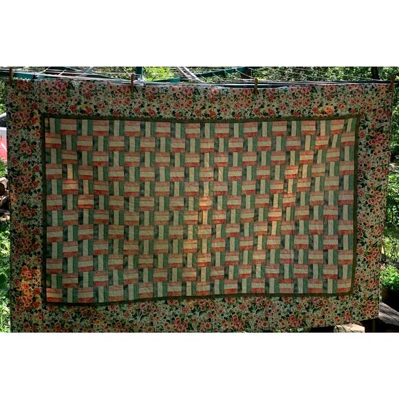 Handmade Quilted Throw Blanket Cotton Peach Color Floral Rail Fence Weave Design - Picture 7 of 14